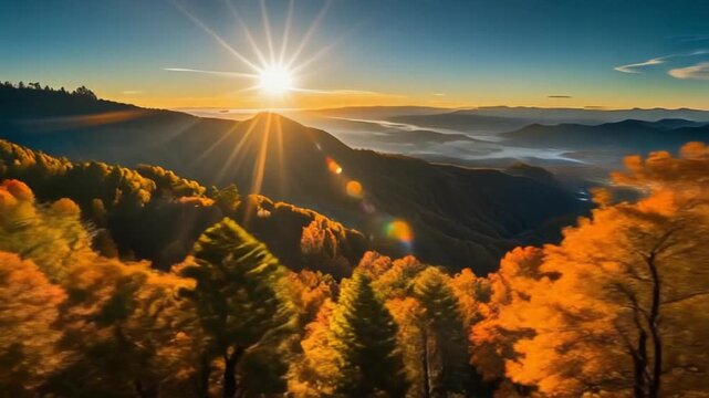 Breathtaking Autumn Sunrise Over Mountain Forest with Golden Larch Trees and Misty Valley.