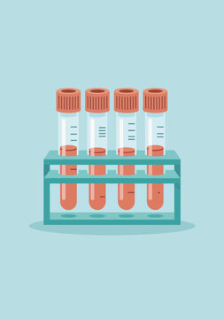 Medical blood test tubes in rack. Laboratory analysis equipment icon. Flat design graphic
