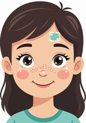 Fototapeta premium Little girl with cooling fever patch on forehead. Sick child character portrait for medical healthcare concept. Flat design graphic