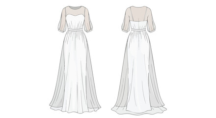 Elegant Sheer Sleeve Gown Vector Illustration: Sophisticated dress design with sheer sleeves and flowing skirt portrayed in a front and back view
