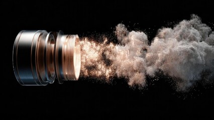 Close-up of a shiny metal cylindrical device spraying a cloud of golden powder into the air. Concept Close-up shot, Shiny metal cylinder, Golden powder spray, Powder cloud, Industrial machinery