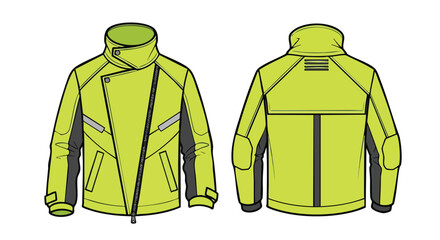 Modern lime-colored asymmetric zipper jacket with reflective stripes detailed design showcasing front and back views with a contemporary aesthetic