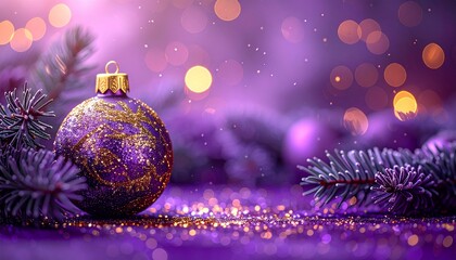 Festive Ornament: A close-up shot of a glittering purple Christmas ornament, adorned with golden embellishments, resting amidst fir branches and shimmering bokeh lights.