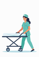Obraz premium Nurse pushing a hospital gurney. Medical professional character in scrubs. Flat design for healthcare and emergency services