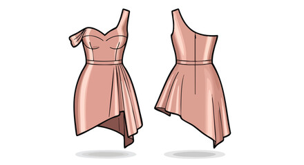 Elegant peach asymmetric dress fashion design sketch showcasing front and back, ideal for evening wear and special occasions, adding a touch of