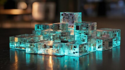 Obraz premium Glowing turquoise glass cubes stacked in a stepped pyramid on a dark surface. Concept Turquoise glass art, Glowing cubes, Stacked pyramid, Dark studio lighting, Minimalist still life