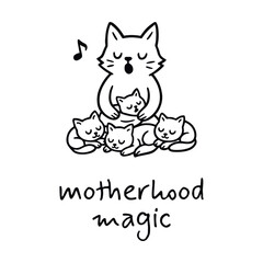 Singing mother cat with sleeping kittens in magical embrace, vector illustration