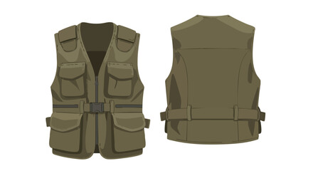 Detailed illustration showcasing the front and back views of a utility vest with multiple pockets and adjustable straps in a muted olive green hue
