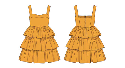 Vibrant orange tiered sundress showcased from front and back perspectives on a white canvas displays fashion illustration