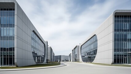 Obraz premium Striking modern architecture defines a sprawling corporate business park with elegantly curved buildings, showcasing contemporary design and a sophisticated urban environment