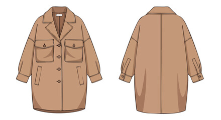 Beige oversized shirt jacket technical sketch showcases relaxed silhouette and practical pocket details design for fashion apparel design, front and