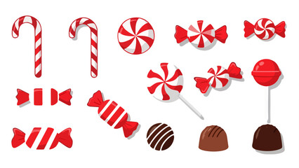 Festive Christmas Candy Vector Icon Set Featuring Red and White Peppermint Sweets, Lollipops, and Chocolate Truffles for Holiday Sticker Designs