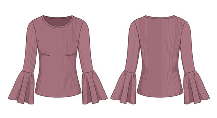 Elegant mauve blouse illustration with flowing sleeves, front and back views showcasing design details and modern apparel fashion