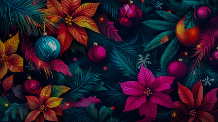 Vibrant christmas poinsettias and ornaments in deep greenery