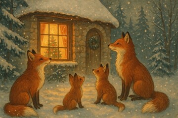 Fototapeta premium Charming foxes in snowy forest background