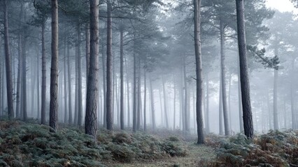 Fototapeta premium Foggy pine forest with tall trunks and a fern-covered floor, mist weaving between the trees. Concept Foggy Pine Forest, Misty Forest Landscape, Fern-Covered Floor, Tall Trunks in Fog
