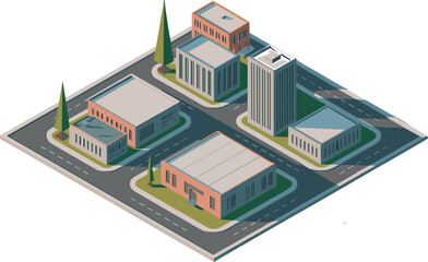 Isometric Urban Office and Commercial Buildings Vector Illustration