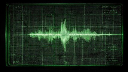 An oscilloscope display with a green waveform pulse centered on the screen. Concept Oscilloscope display, Green waveform pulse, Centered screen, Electronics lab aesthetic, Retro digital art