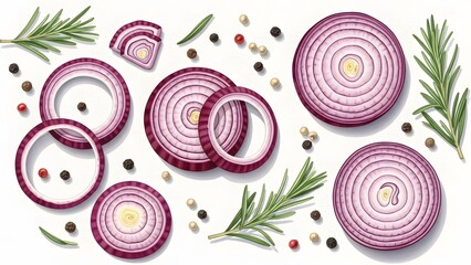 Overhead view of sliced red onion rosemary sprigs and peppercorns fresh food ingredients on white ba