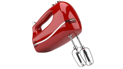 Shiny red hand mixer PNG isolated on transparent background, kitchen appliance for baking and cooking needs, modern design