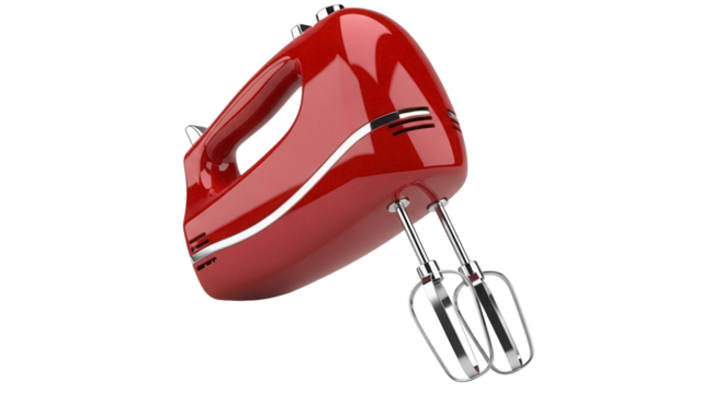 Shiny red hand mixer PNG isolated on transparent background, kitchen appliance for baking and cooking needs, modern design