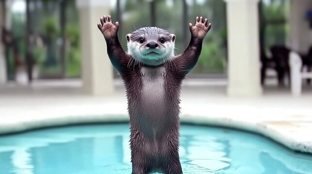 Adorable otter stands upright on hind legs with paws raised beside a bright blue pool, greeting the onlookers with playful curiosity
