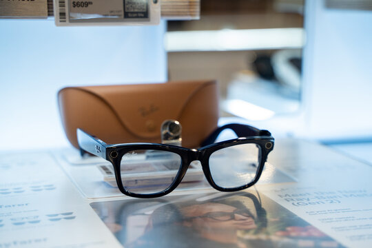 Close up of Ray-Ban Meta smart glasses on display. Toronto, Canada - December 3, 2025.
