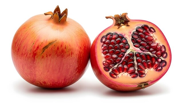 Fresh pomegranate one whole and one halved showing seeds isolated on white background