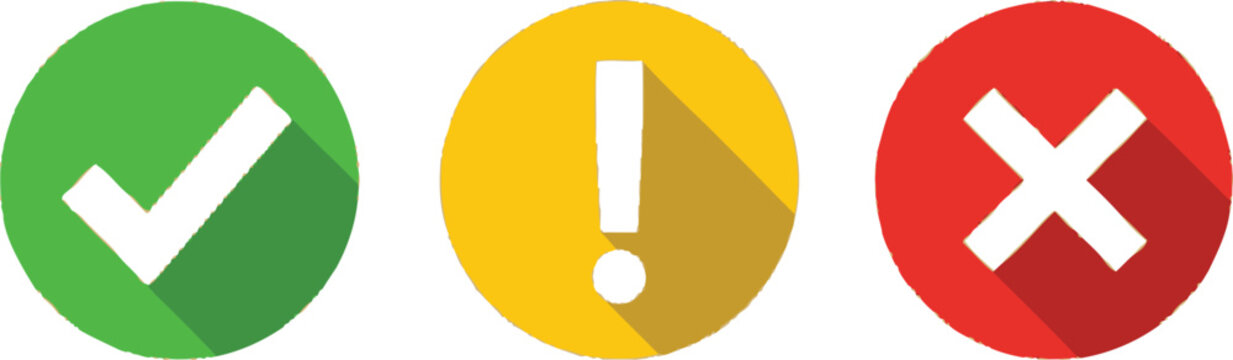 Approval Tick, Exclamation Mark, Cross Sign with Long Shadow on Isolated White Background