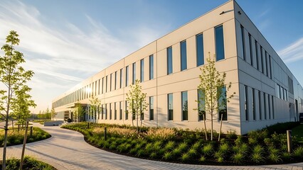Fototapeta premium Sleek and Modern Corporate Office Building with Contemporary Architecture Amidst Lush Green Landscaping Under a Clear Sky, Symbolizing Business Growth and Innovation