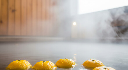 柚子湯と湯気、冬至の温泉のフレーム素材（コピースペース・余白・背景・壁紙）