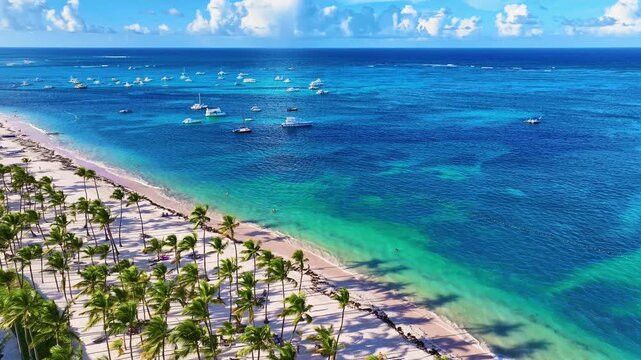 The blue ocean surface at an idyllic sandy tropical resort beach with lush green palms. Summer vacation at the equator. Palm trees in a Caribbean landscape. White ships on a blue ocean.