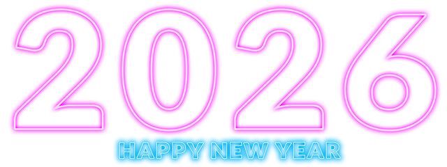 Bright pastel neon “2026” typography with glowing multicolor outline and soft luminous Happy New Year message below, modern festive celebration design on clean white background