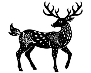Stylized black deer with white floral patterns and spots