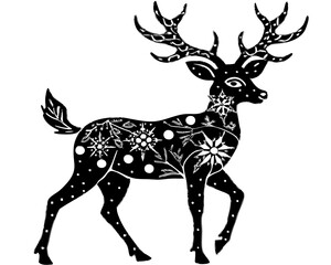 Elegant black silhouette of a reindeer with snowflake and floral ornaments