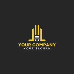 Fototapeta premium City transport logo with a delivery truck and urban backdrop.