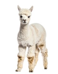 Adorable Baby Alpaca Standing Gracefully on a Pristine White Background.
