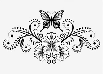 Elegant black butterfly and floral swirl design with dots