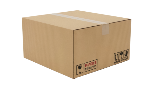 Cardboard box isolated PNG, brown container with fragile and handle with care signs for shipping and moving on transparent background