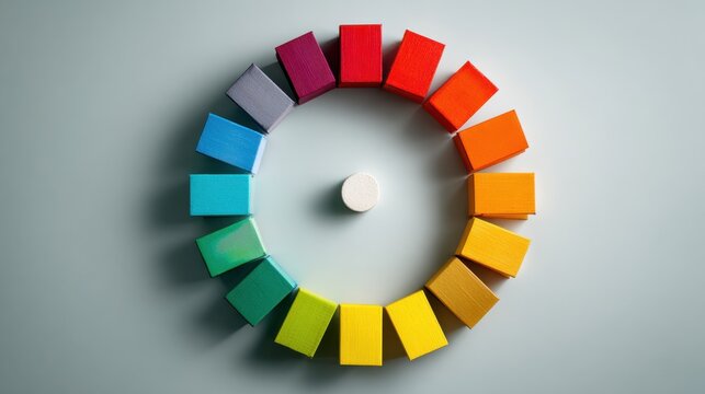 Color theory concept with circular arrangement of colorful blocks on light background for design and education, Brain Teaser Month