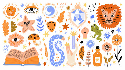 Whimsical collection of mystical and celestial elements in a flat design style