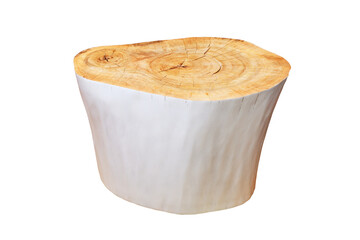 Wooden stump isolated on white background shows rings and natural texture for design use.