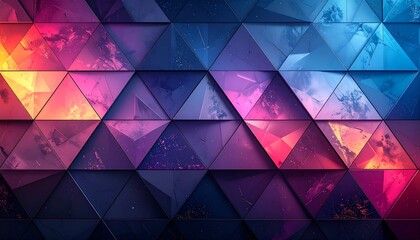 Abstract digital artwork features a mosaic of vibrant, translucent triangular tiles with sky-like patterns