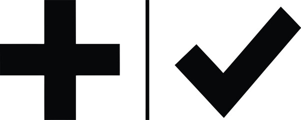 Obraz premium Black Plus Symbol Next to Vertical Line with Check Mark on Transparent Background