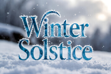 Winter Solstice frozen forest glow with falling snowflakes and icy typography in magical seasonal twilight