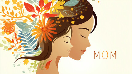Mother and daughter silhouettes surrounded by colorful flowers  