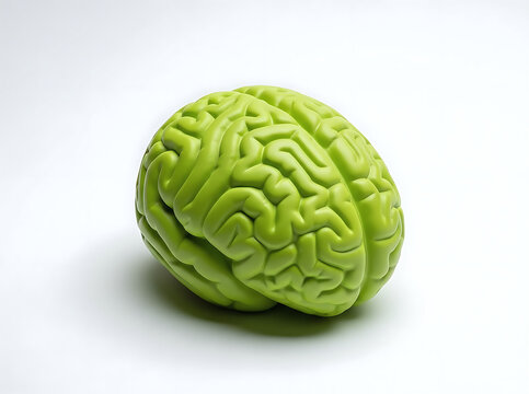 Green human brain model on light background, concept of mental health, neuroscience, stress management and cognitive wellbeing, modern medical illustration for psychology articles, therapy promotion