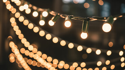String of warm glowing incandescent light bulbs in close-up Lights string lights