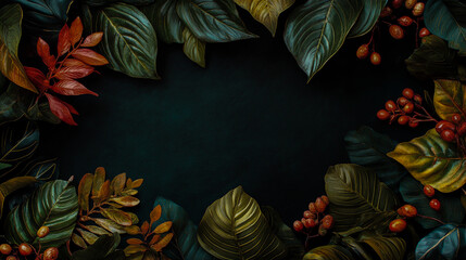 Dark autumn wreath with richly colored leaves and berries