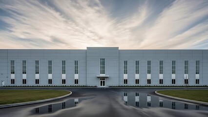 Symmetrical facade of a modern business building reflected on wet pavement under a dramatic and expansive cloudy sky